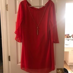 Silky Red Dress Barn dress with gold necklace